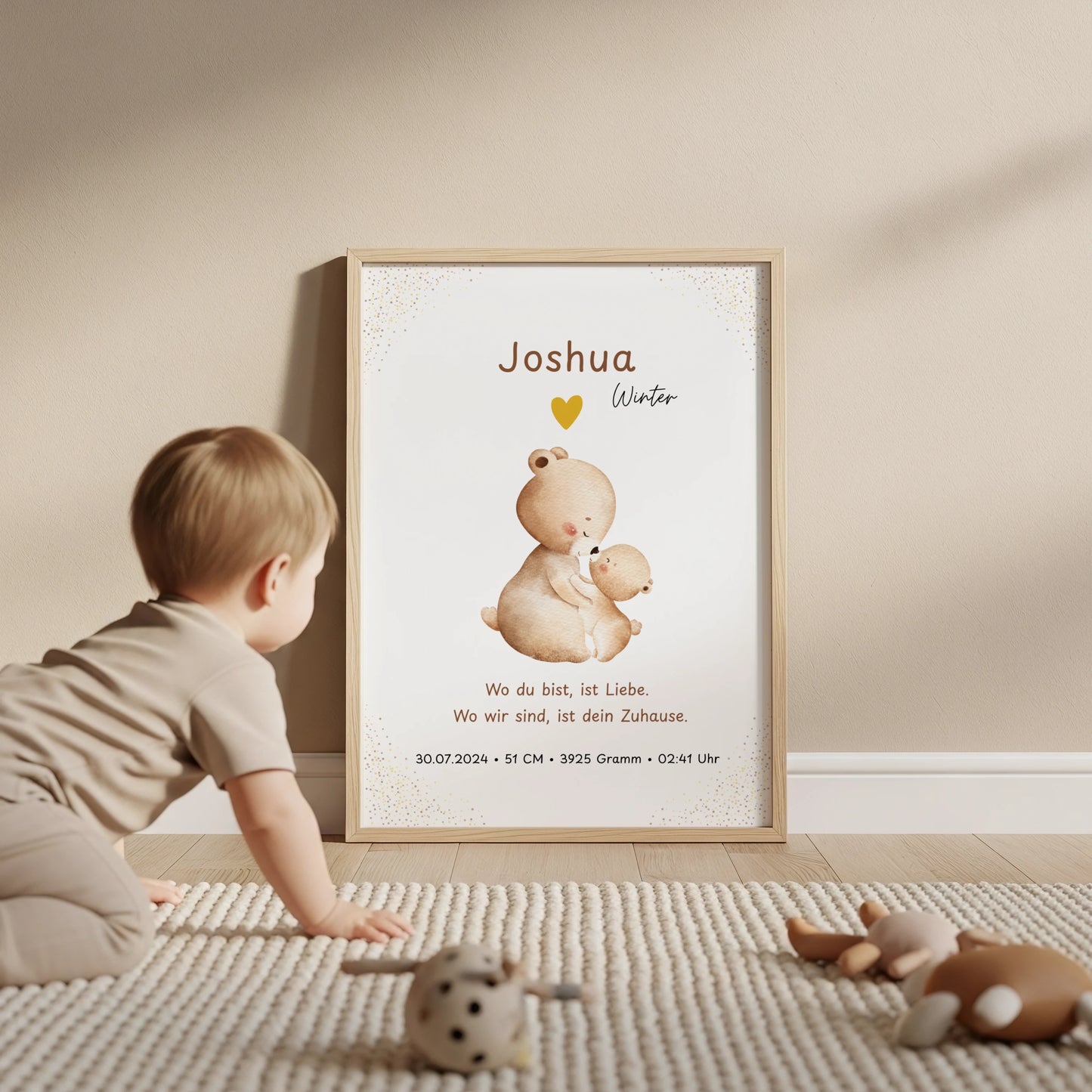 Personalisiertes Geburtsposter mit Bärenmama und Bärenbaby als Geschenk zur Geburt und Babyzimmer Deko von Kibimemories