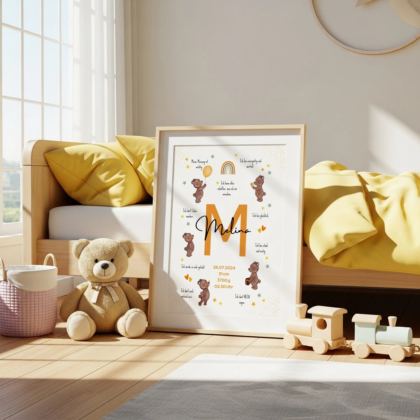 Personalisiertes Affirmationsposter mit Name, Geburtsdaten und liebevollen Botschaften – Geburtsposter mit Bärenmotiv für starke Kinder und das Kinderzimmer
