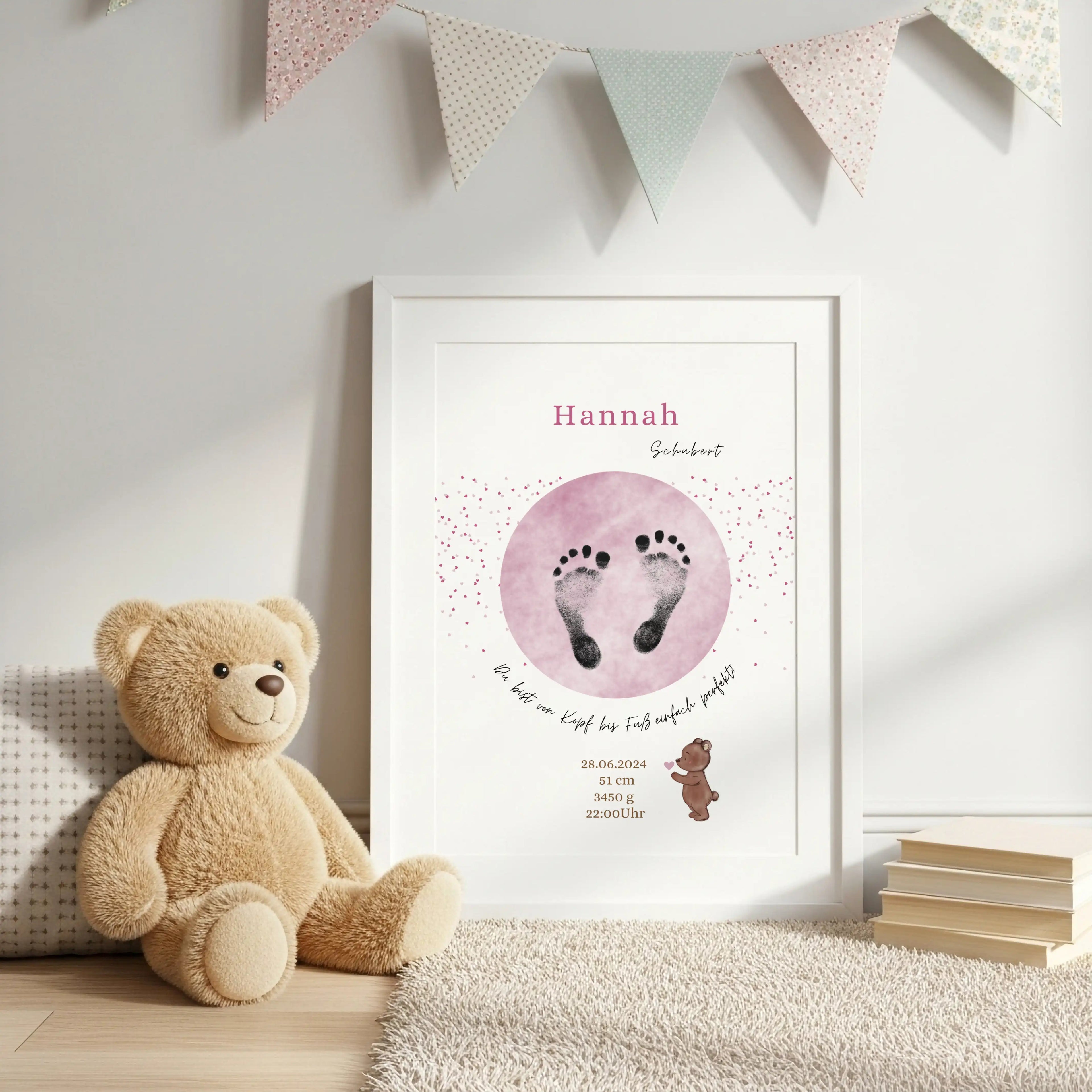Personalisiertes Poster zur Geburt mit Daten des Babys und Platz für Fußabdruck oder Handabdruck-Kibimemories-Geschenkidee zur Geburt