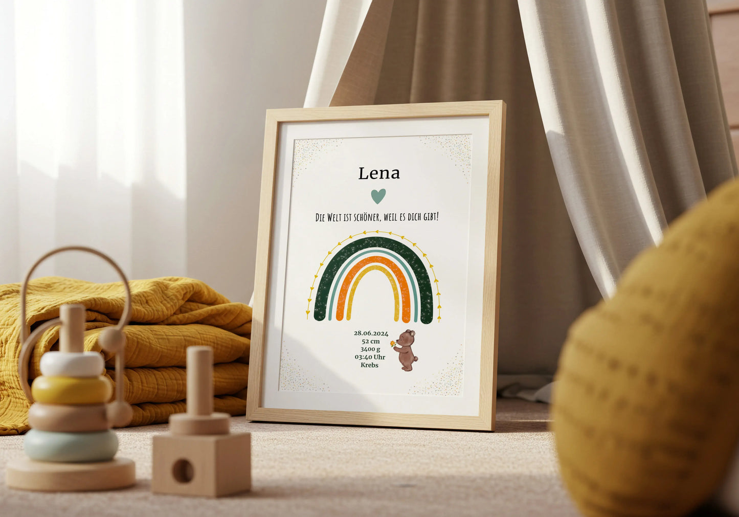 Personalisiertes Poster zur Geburt mit Regenbogen und Bärchen – stilvolle Kinderzimmer-Deko mit Geburtsdaten und liebevollem Spruch Poster