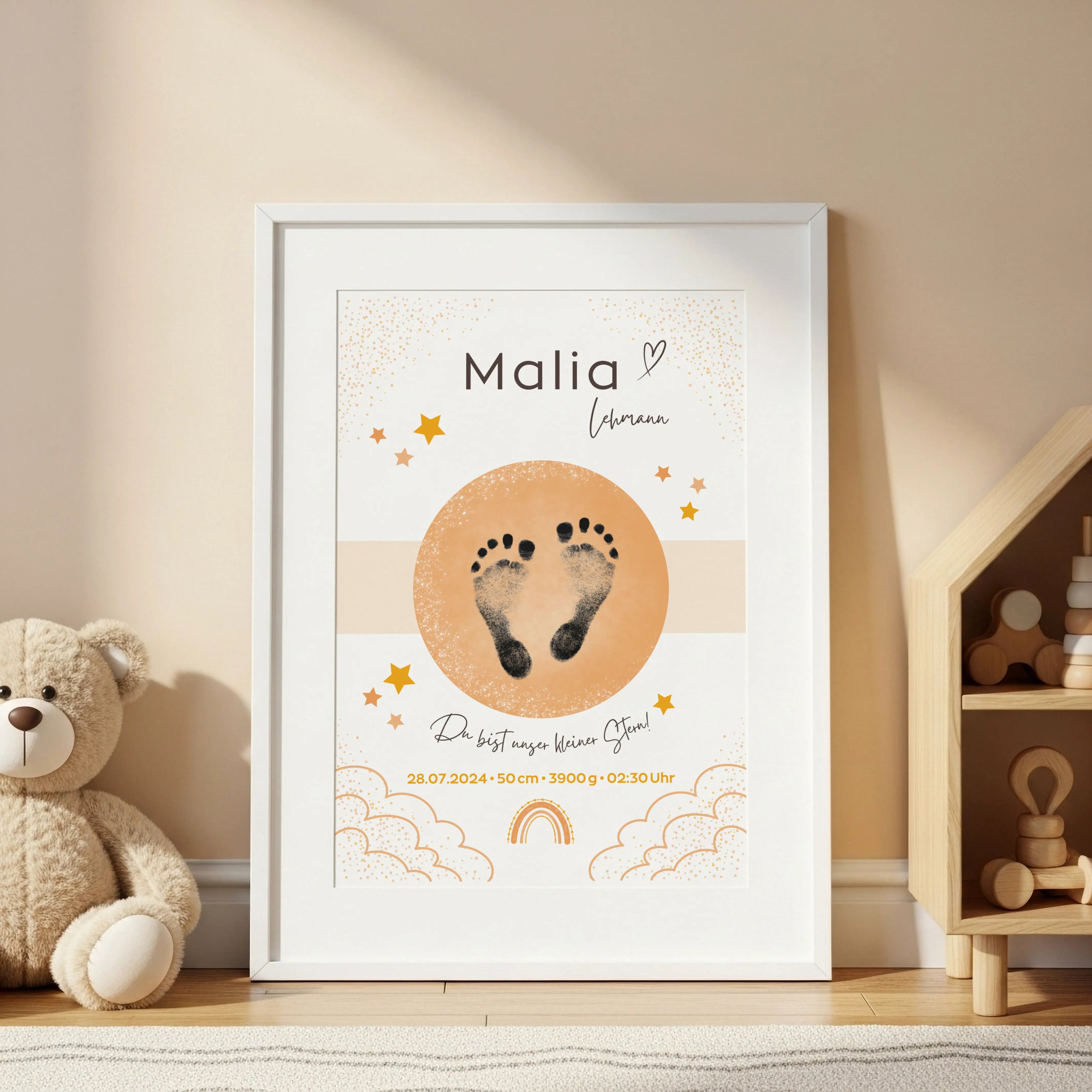 Individuelles Geburtsposter mit Fußabdruck und Regenbogen – personalisiertes Babybild mit Name und Geburtsdaten in warmen Orangetönen