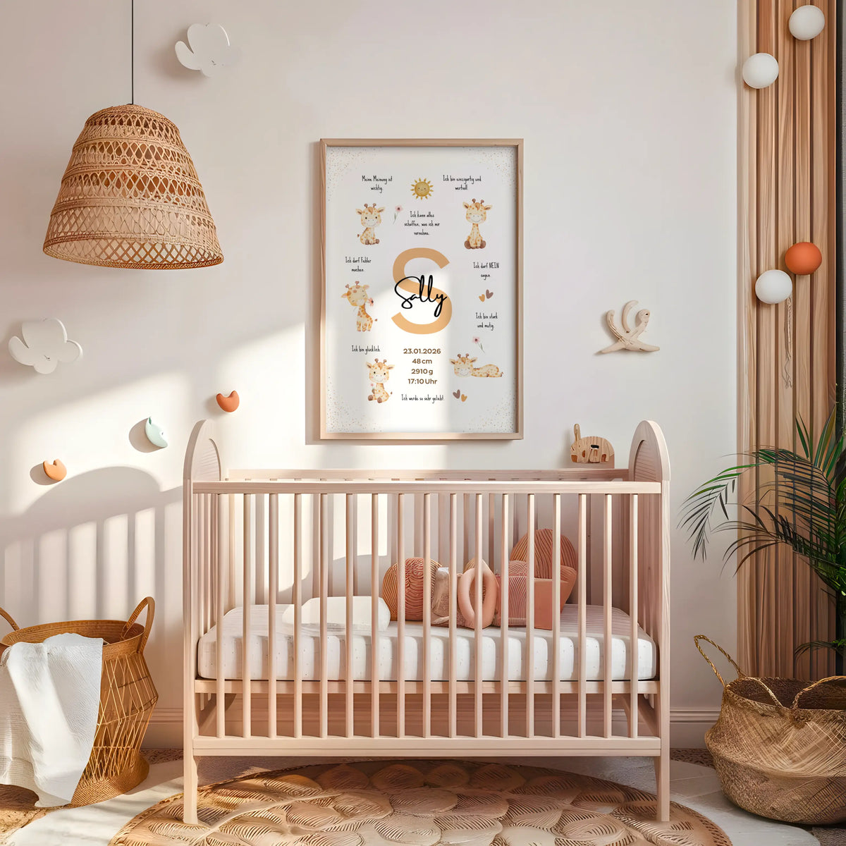 Personalisiertes Affirmationsposter mit Giraffen in einem hellen Kinderzimmer umgeben von liebevollen Dekorationen.