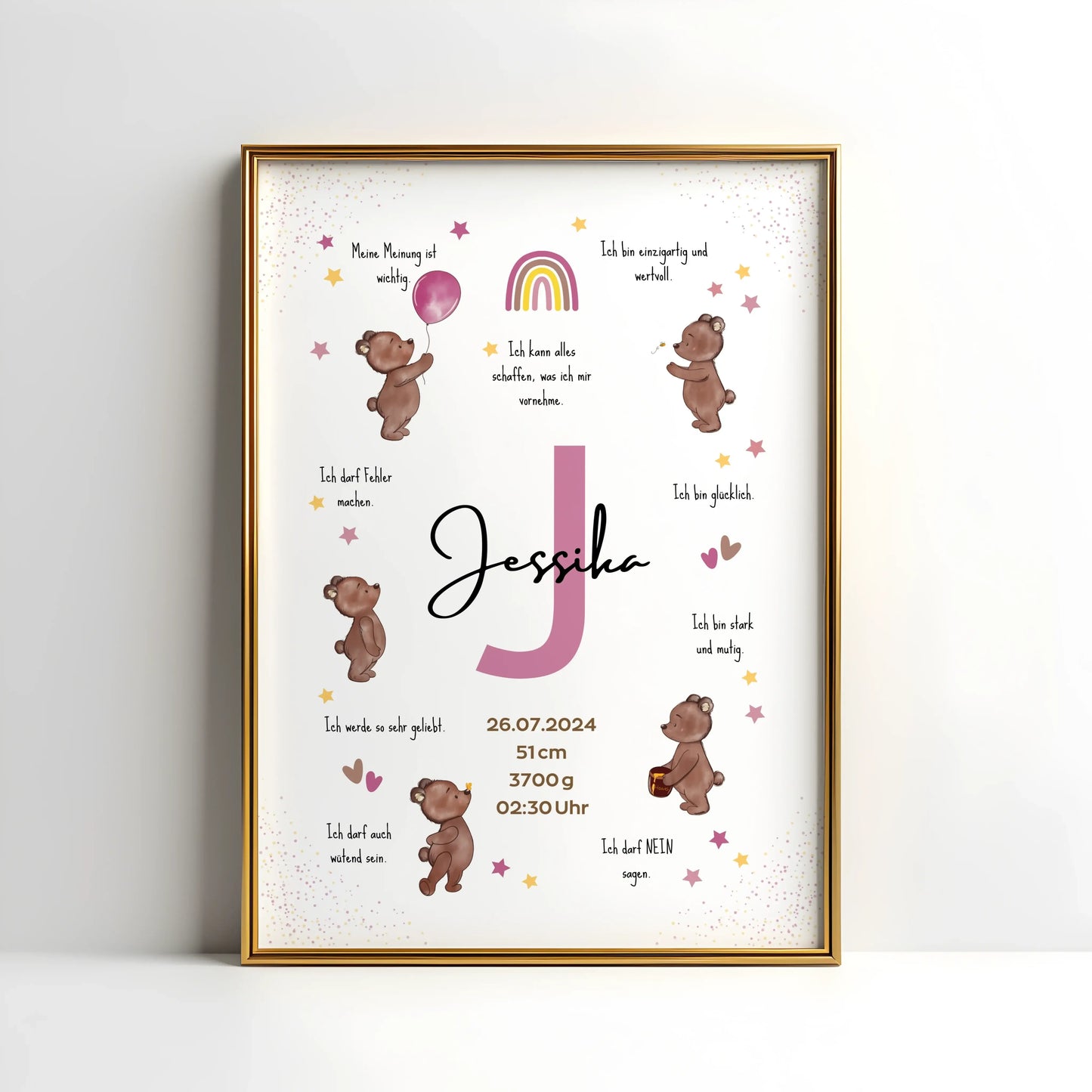 Personalisiertes Affirmationsposter mit Name, Geburtsdaten und liebevollen Botschaften – Geburtsposter mit Bärenmotiv für starke Kinder und das Kinderzimmer