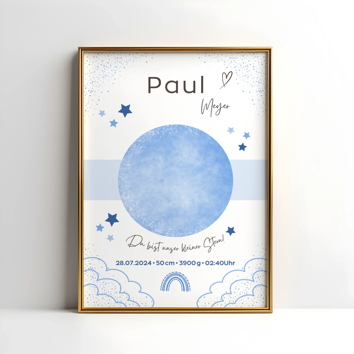Personalisiertes Geburtsposter mit Sternenhimmel und Fußabdrücken – mit Namen, Geburtsdatum, Uhrzeit, Gewicht und Größe – ideales Geschenk zur Geburt und stilvolle Kinderzimmer-Deko