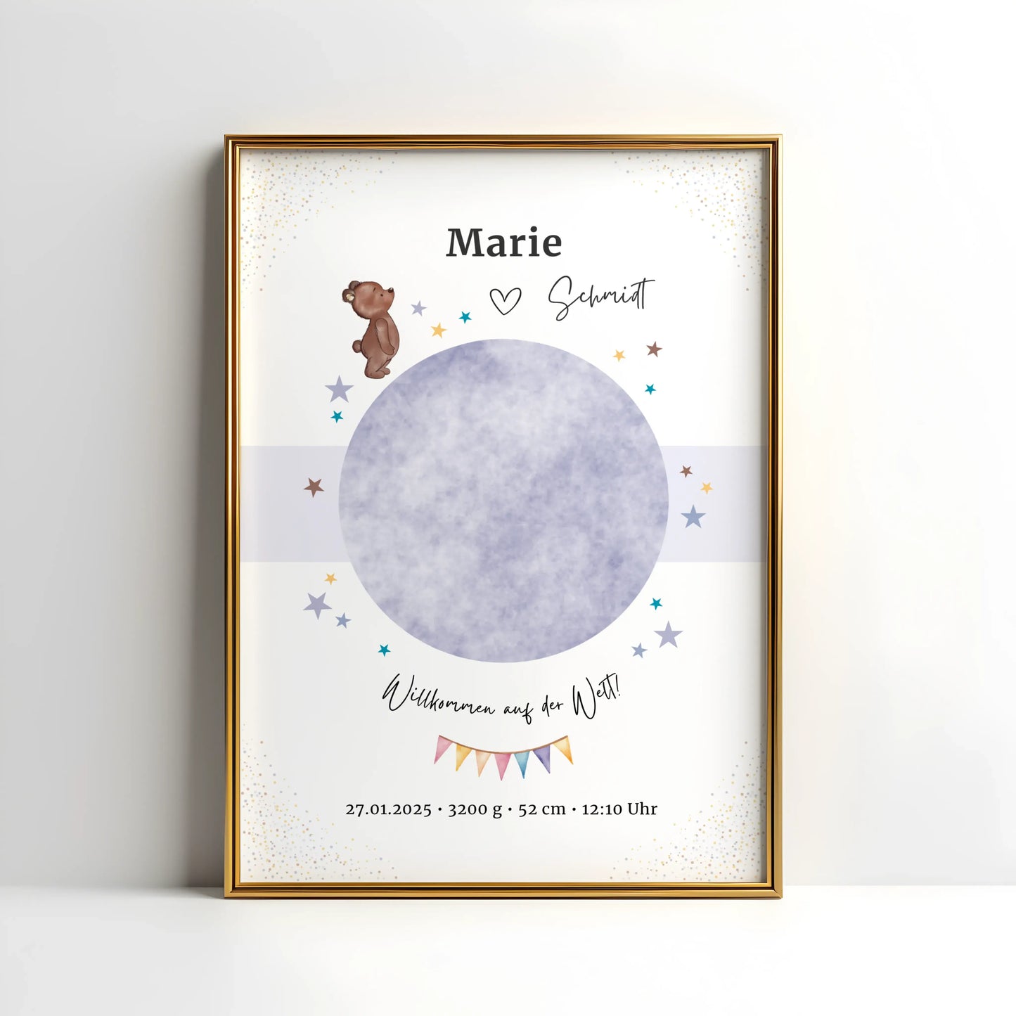 Geburtsposter mit Bärchen-Motiv und persönlichen Daten – ideal fürs Kinderzimmer