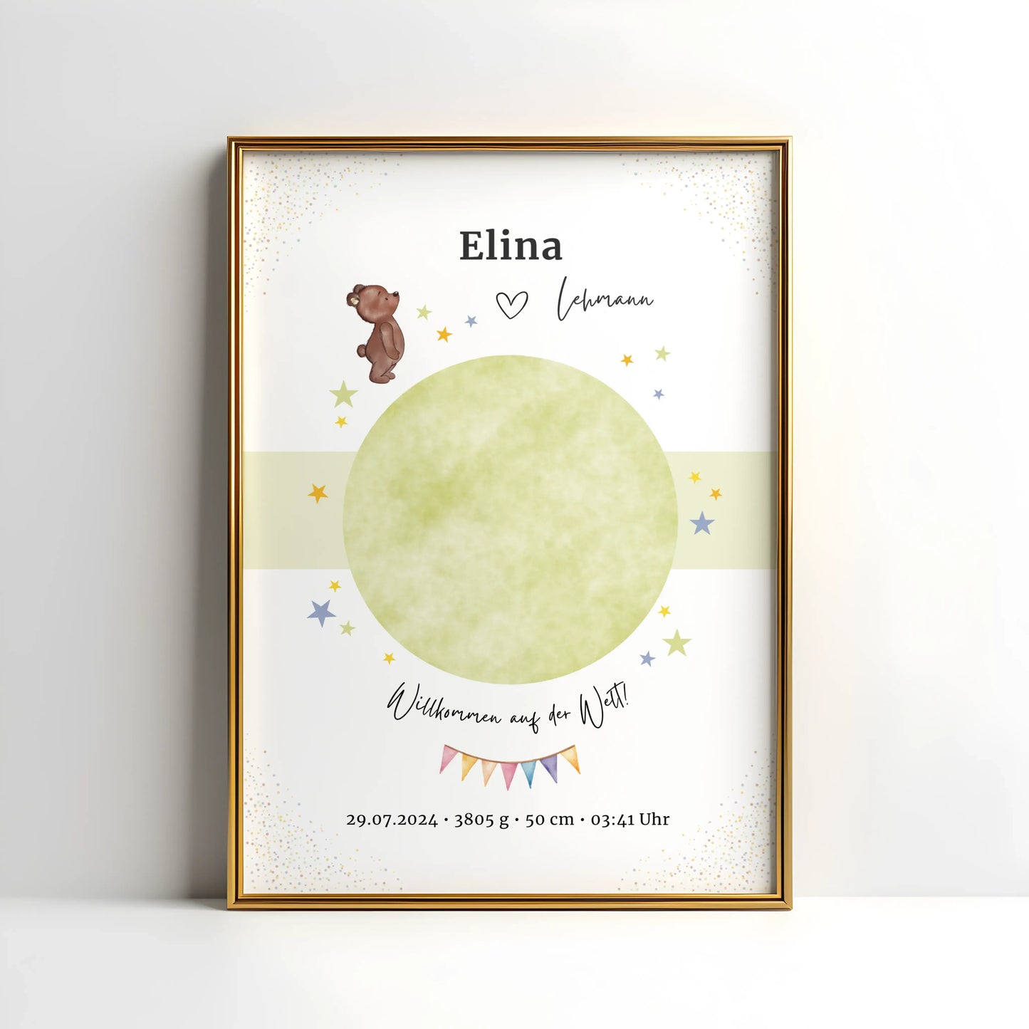 Geburtsposter mit Bärchen-Motiv und persönlichen Daten – ideal fürs Kinderzimmer