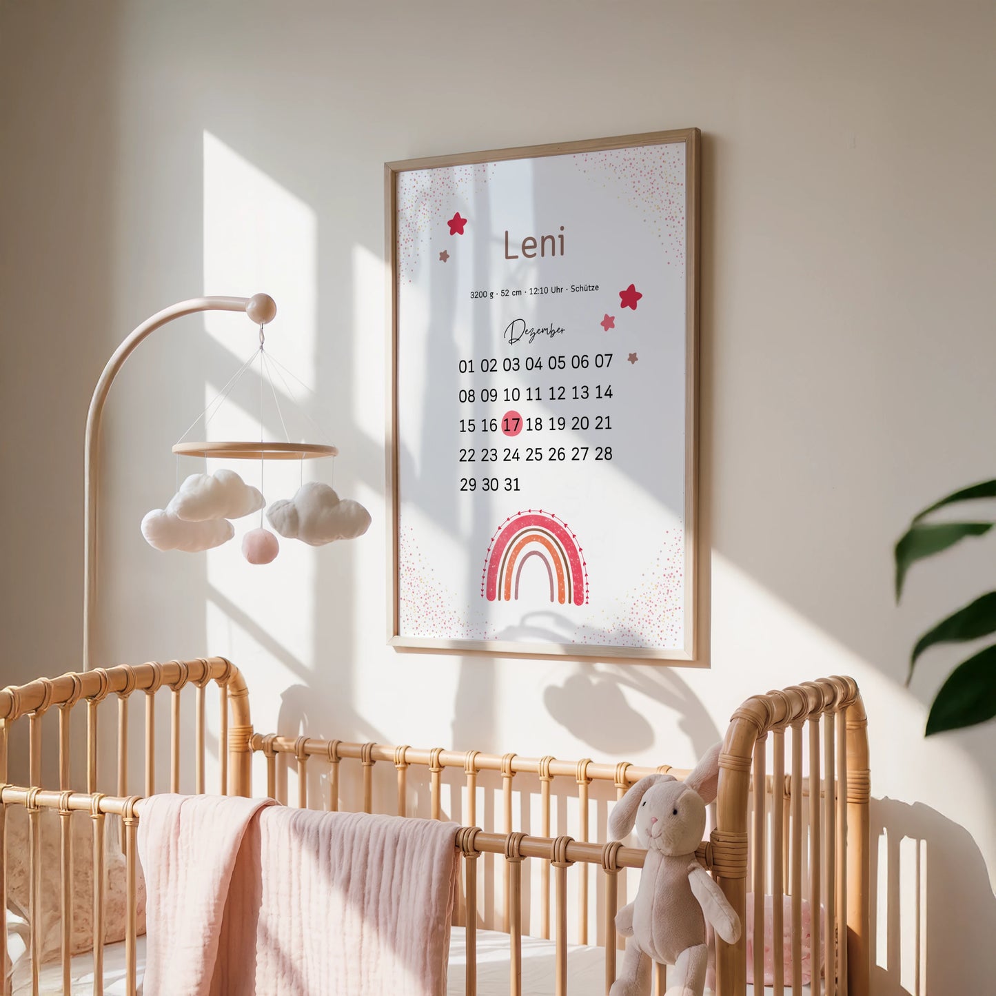 Niedliches personalisiertes Geburtsposter im Kalenderstil mit Regenbogen von Kibimemories