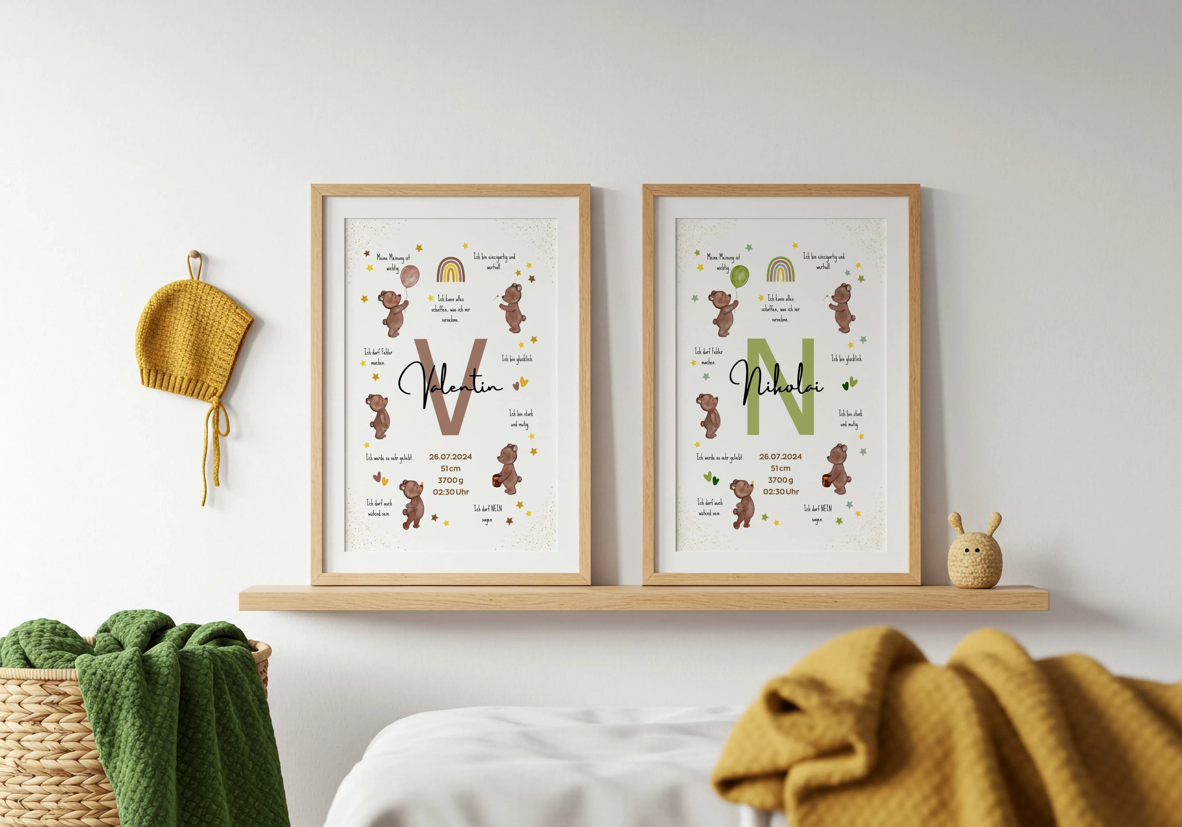 Personalisiertes Affirmationsposter mit Name, Geburtsdaten und liebevollen Botschaften – Geburtsposter mit Bärenmotiv für starke Kinder und das Kinderzimmer