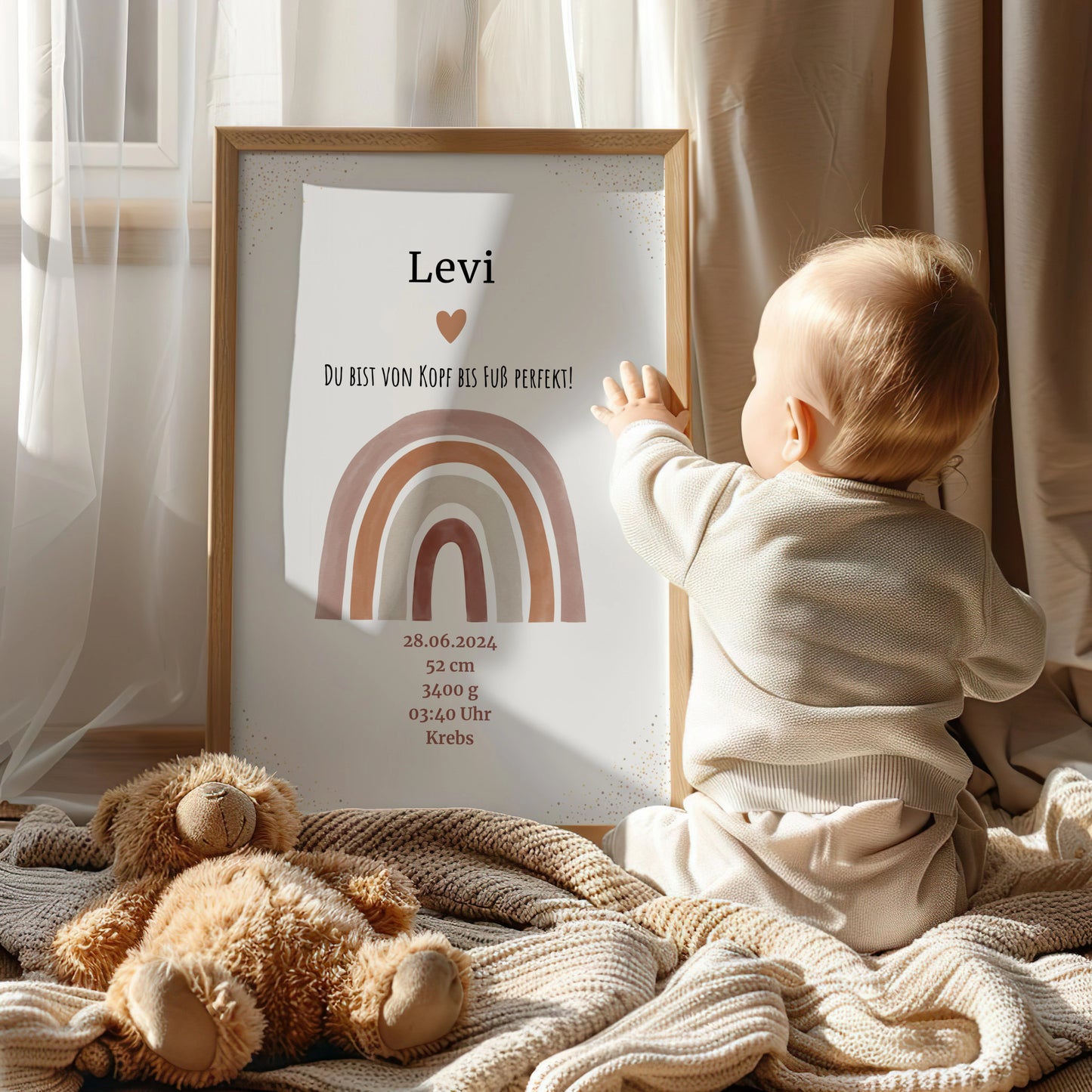 Personalisiertes Geburtsposter mit Regenbogen und Geburtsdaten für Levi