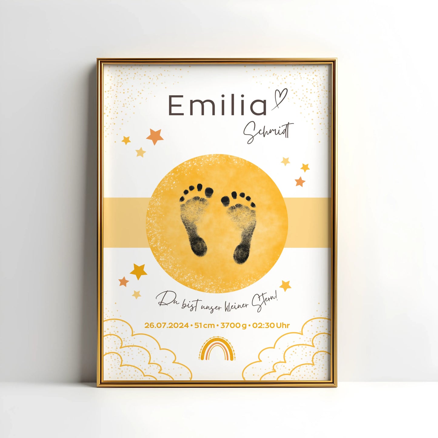 Personalisiertes Geburtsposter mit Sternenhimmel und Fußabdrücken – mit Namen, Geburtsdatum, Uhrzeit, Gewicht und Größe – ideales Geschenk zur Geburt und stilvolle Kinderzimmer-Deko