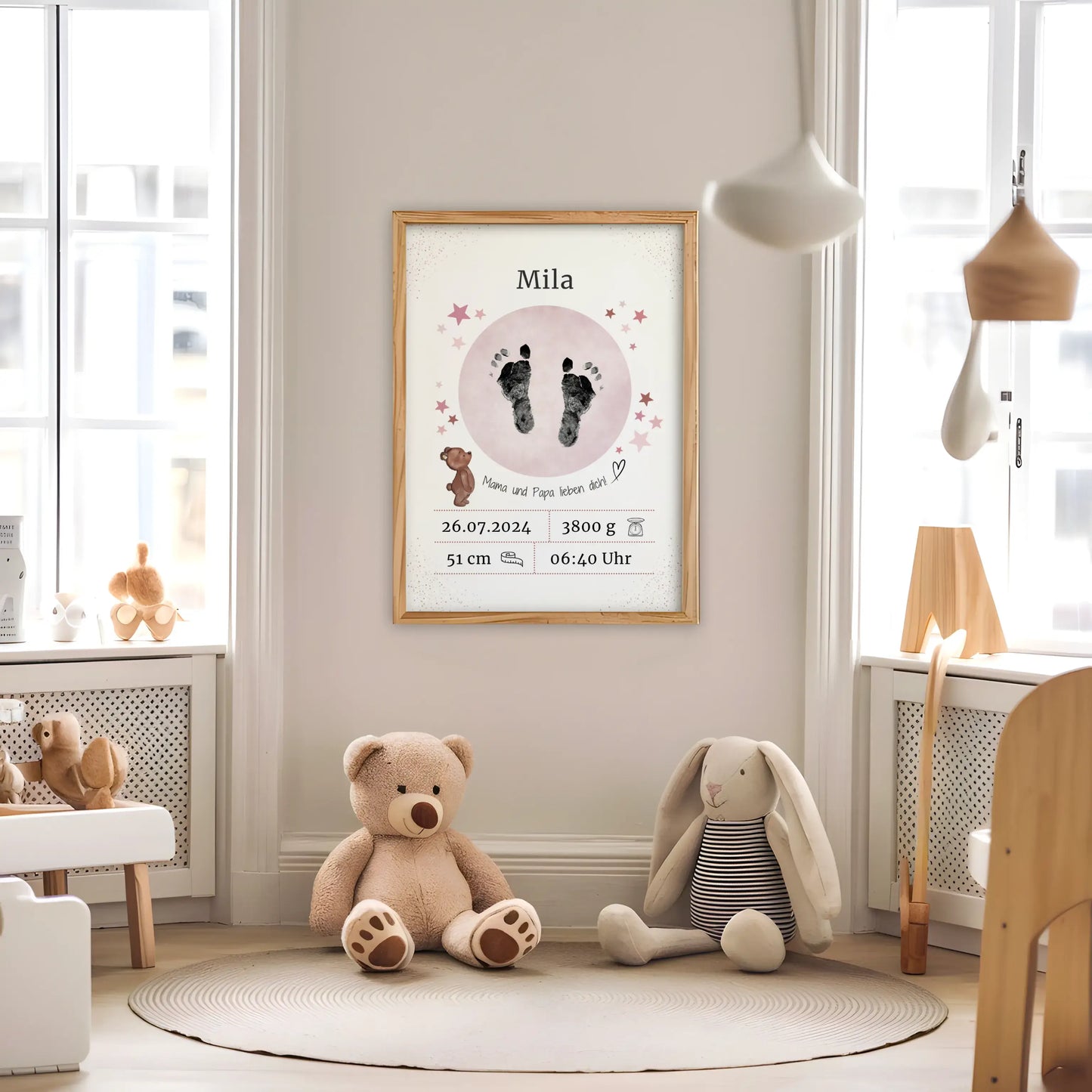 Personalisiertes Geburtsposter mit Hand- oder Fußabdrücken und Name und Geburtsdaten – liebevoll gestaltet in Pastellfarben, als Deko fürs Babyzimmer oder Geschenk zur Geburt