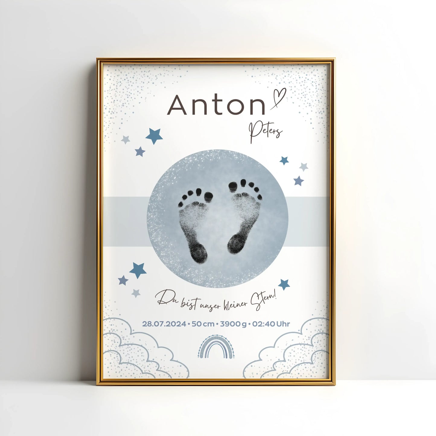 Personalisiertes Geburtsposter mit Sternenhimmel und Fußabdrücken – mit Namen, Geburtsdatum, Uhrzeit, Gewicht und Größe – ideales Geschenk zur Geburt und stilvolle Kinderzimmer-Deko