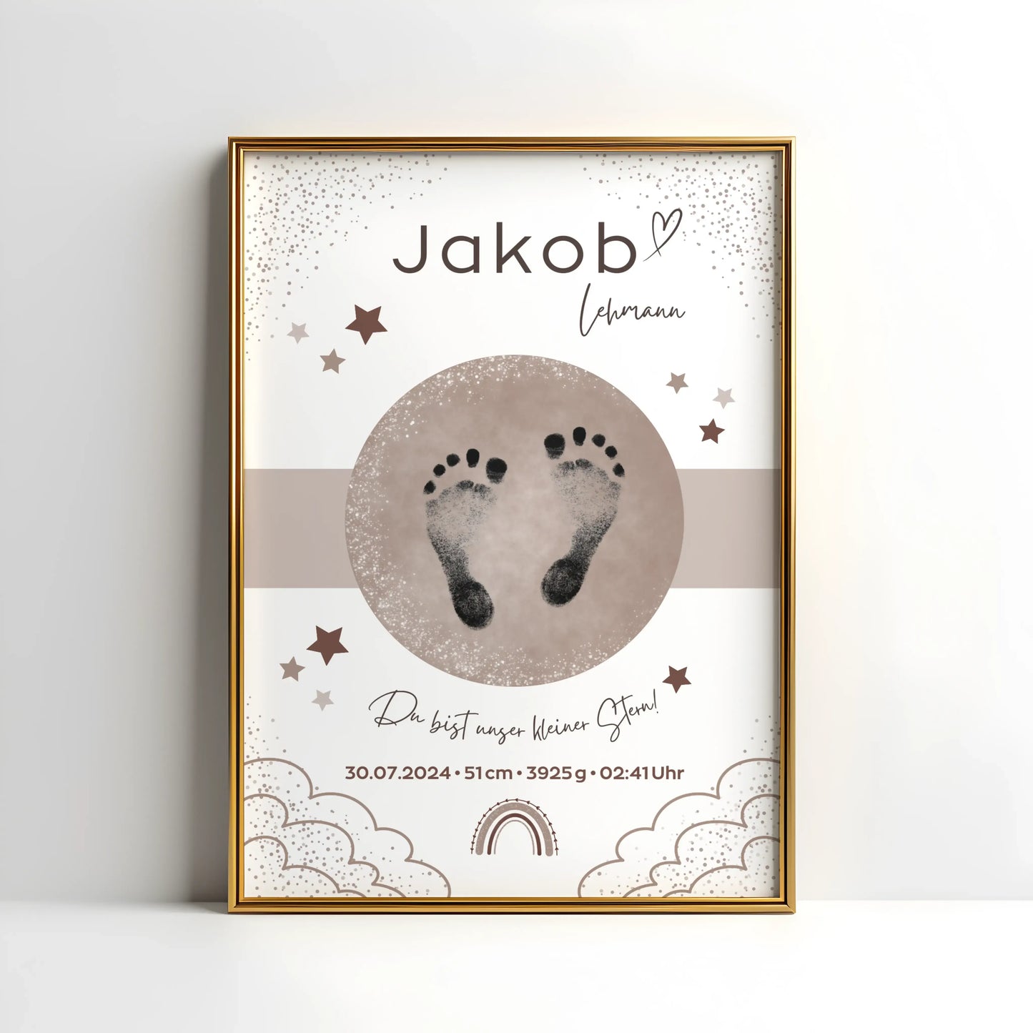 Personalisiertes Geburtsposter mit Sternenhimmel und Fußabdrücken – mit Namen, Geburtsdatum, Uhrzeit, Gewicht und Größe – ideales Geschenk zur Geburt und stilvolle Kinderzimmer-Deko