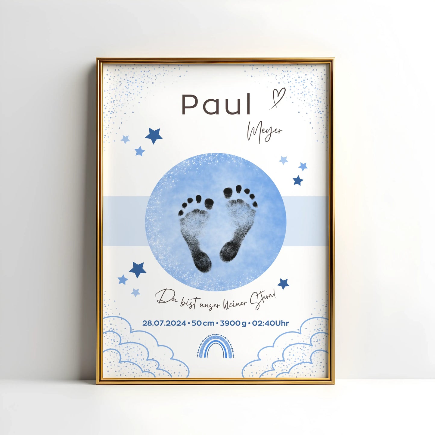Personalisiertes Geburtsposter mit Sternenhimmel und Fußabdrücken – mit Namen, Geburtsdatum, Uhrzeit, Gewicht und Größe – ideales Geschenk zur Geburt und stilvolle Kinderzimmer-Deko