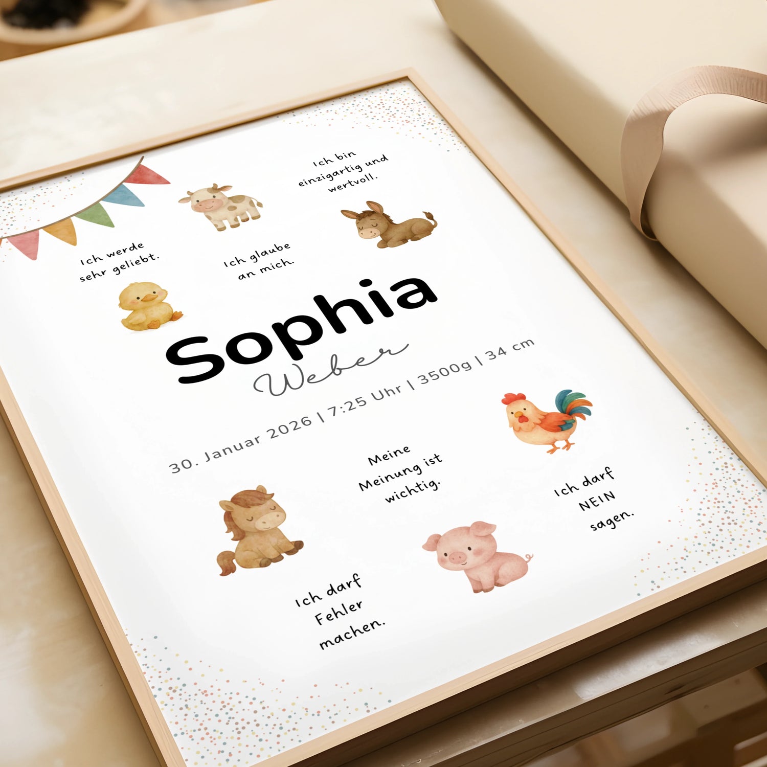 Personalisierte Bauernhofposter mit Tieren für Kinderzimmer, personalisiert mit Namen und niedlichen Illustrationen im Bauernhof-Stil