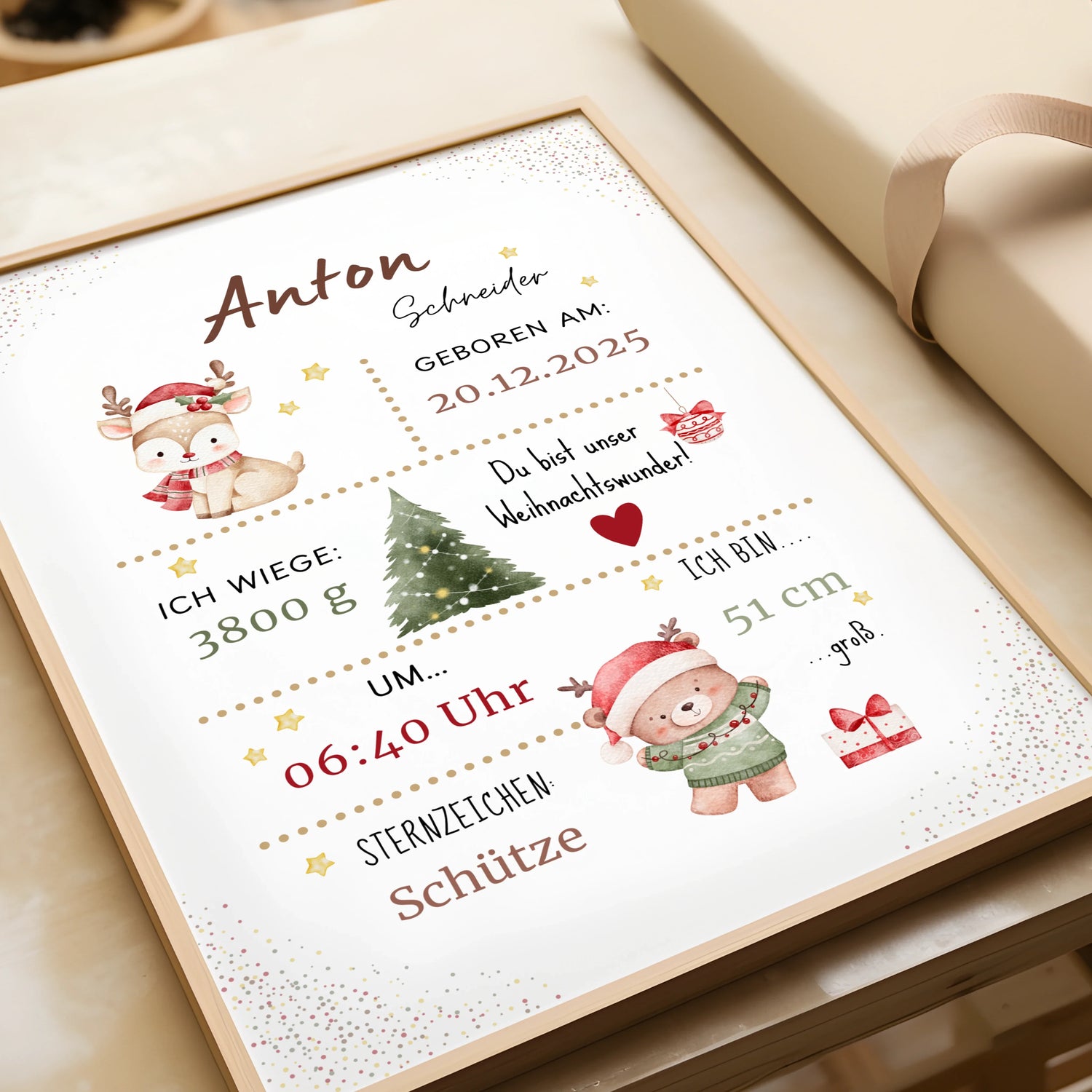 Personalisierte Wintergeburtsposter Weihnachtsgeburtsposter mit niedlichen Illustrationen und Geburtsdaten, gestaltet für Kinderzimmer.