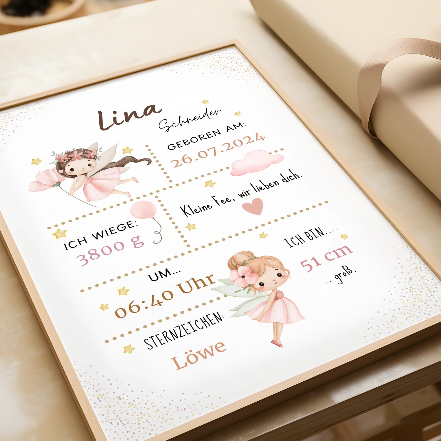 Personalisierte Feen- und Ballerinaposter mit Namen und Geburtsdaten. Eine zauberhafte Erinnerung fürs Baby und Kinderzimmer.