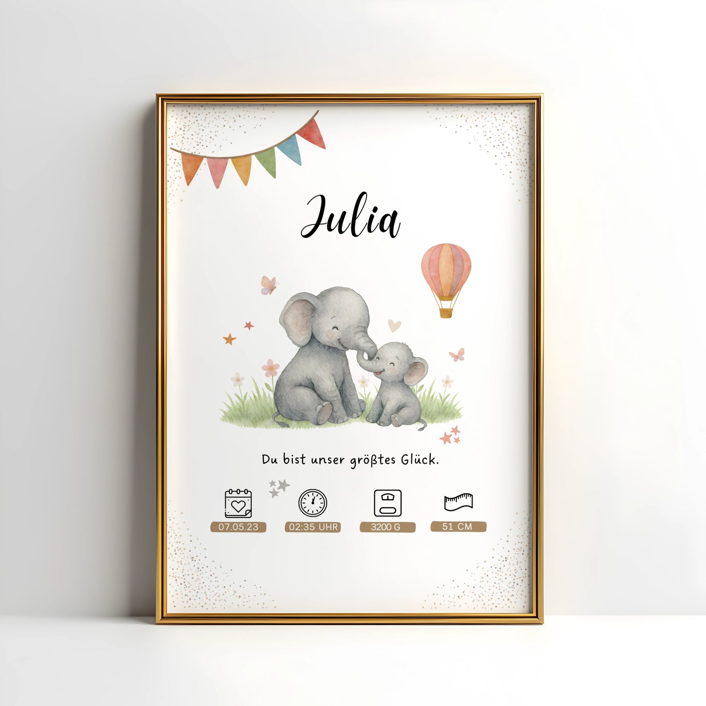 Personalisiertes Geburtsposter mit Mama Elefant und Baby Elefant von Kibimemories