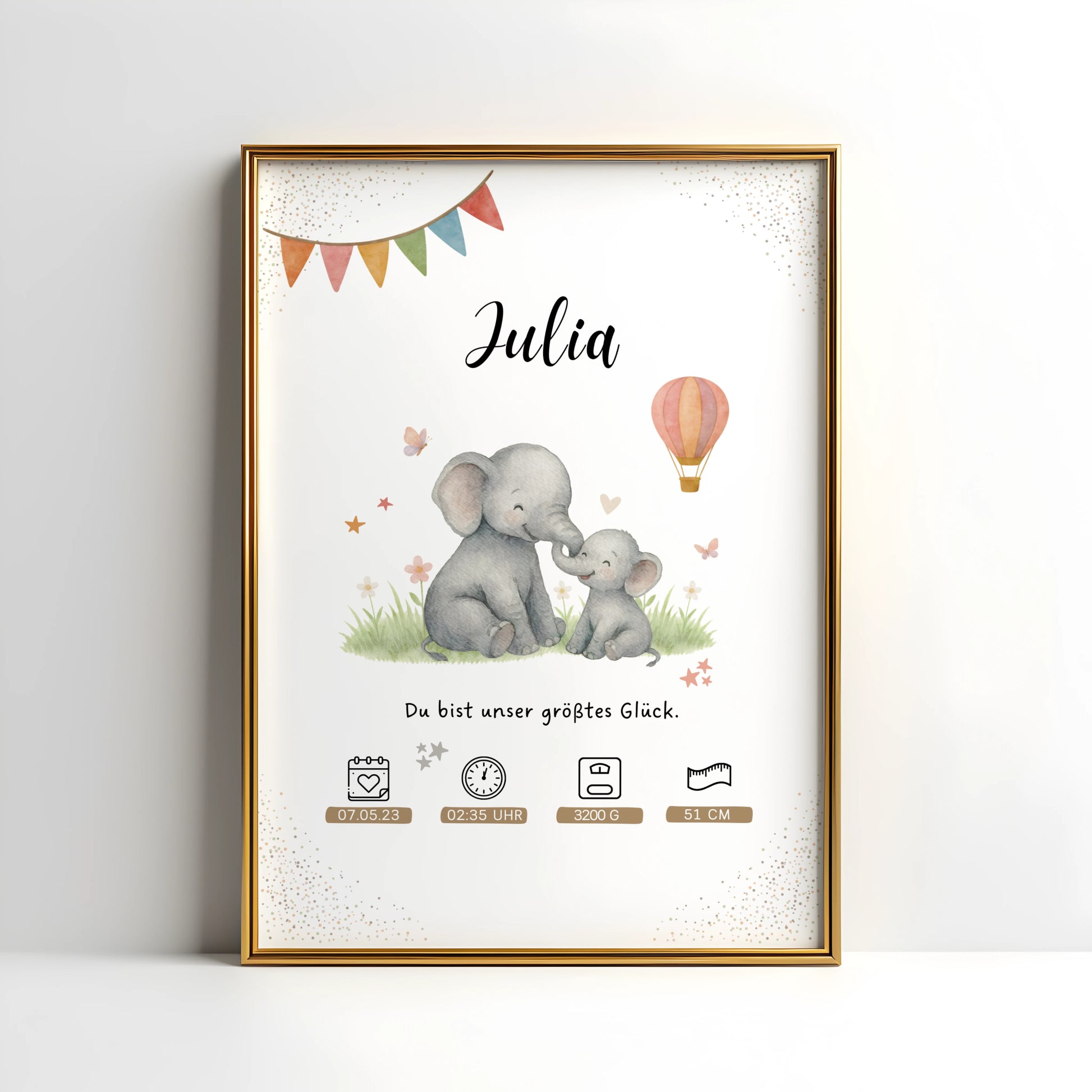 Personalisiertes Geburtsposter mit Mama Elefant und Baby Elefant von Kibimemories