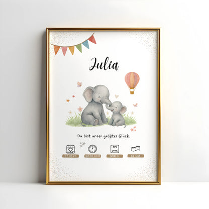 Personalisiertes Geburtsposter mit Mama Elefant und Baby Elefant von Kibimemories