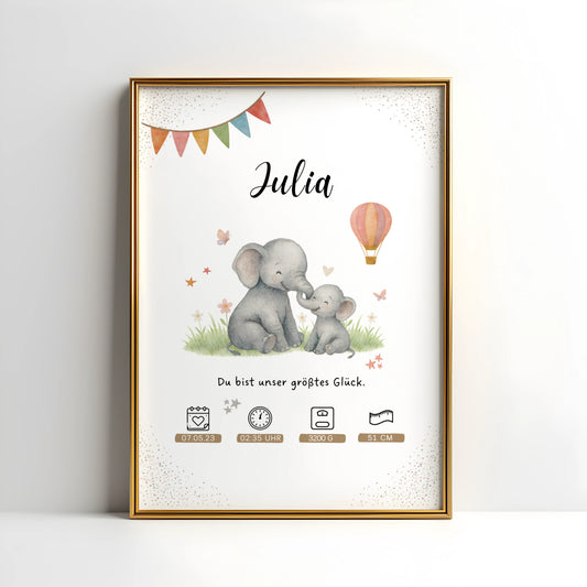 Personalisiertes Geburtsposter mit Mama Elefant und Baby Elefant von Kibimemories