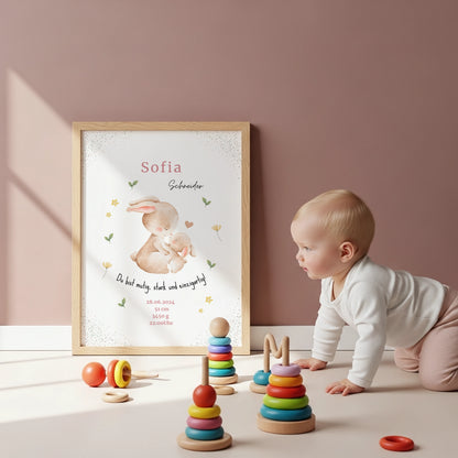 Emotionales personalisiertes Geburtsposter mit Hase und Geburtsdaten von Kibimemories