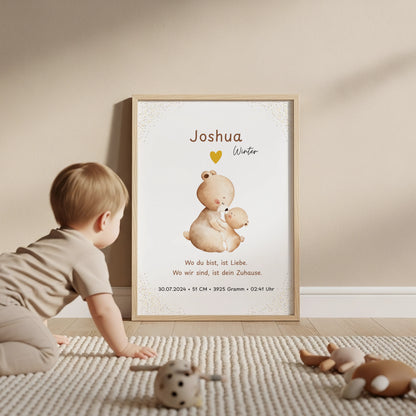 Personalisiertes Geburtsposter mit Bärenmama und Bärenbaby als Geschenk zur Geburt und Babyzimmer Deko von Kibimemories