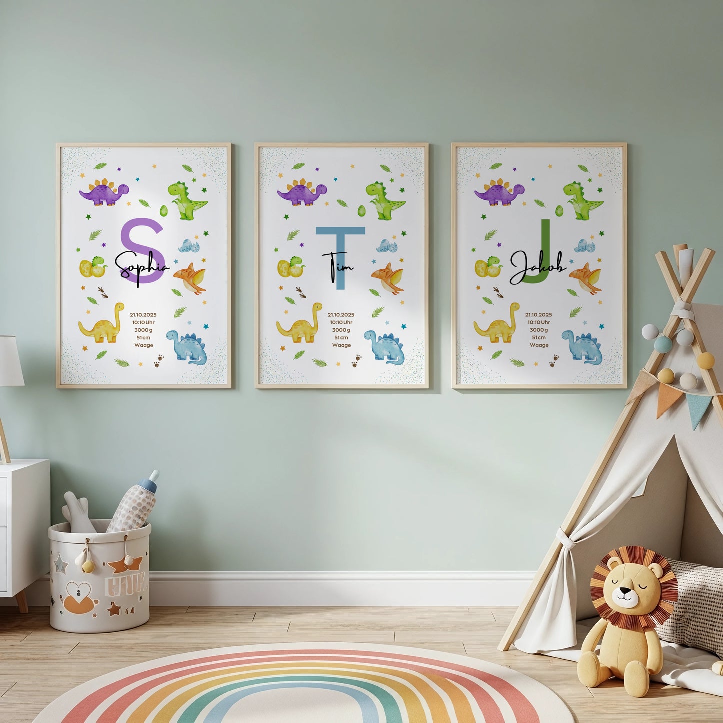 Personalisiertes Geburtsposter Dinosaurier – Baby Poster mit Namen & Initialie - Kibimemories
