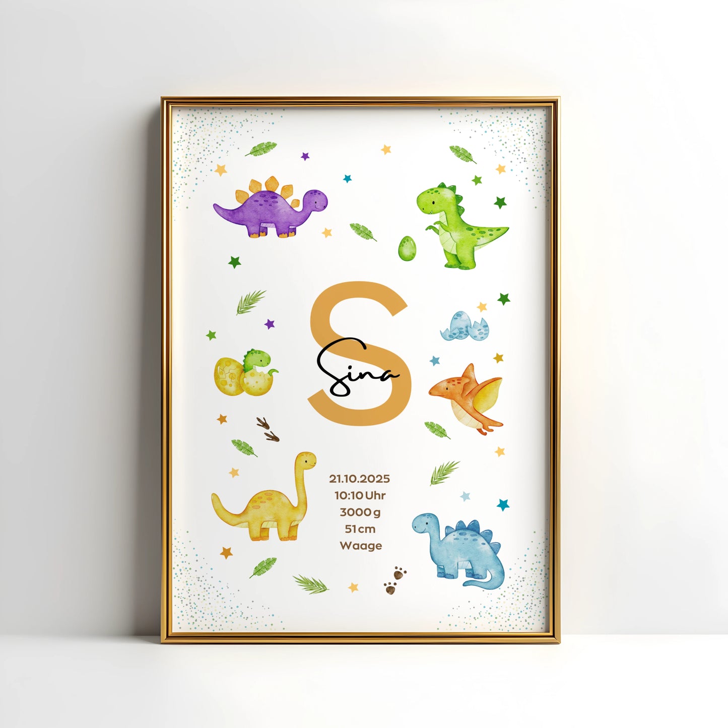 Personalisiertes Geburtsposter Dinosaurier – Baby Poster mit Namen & Initialie - Kibimemories