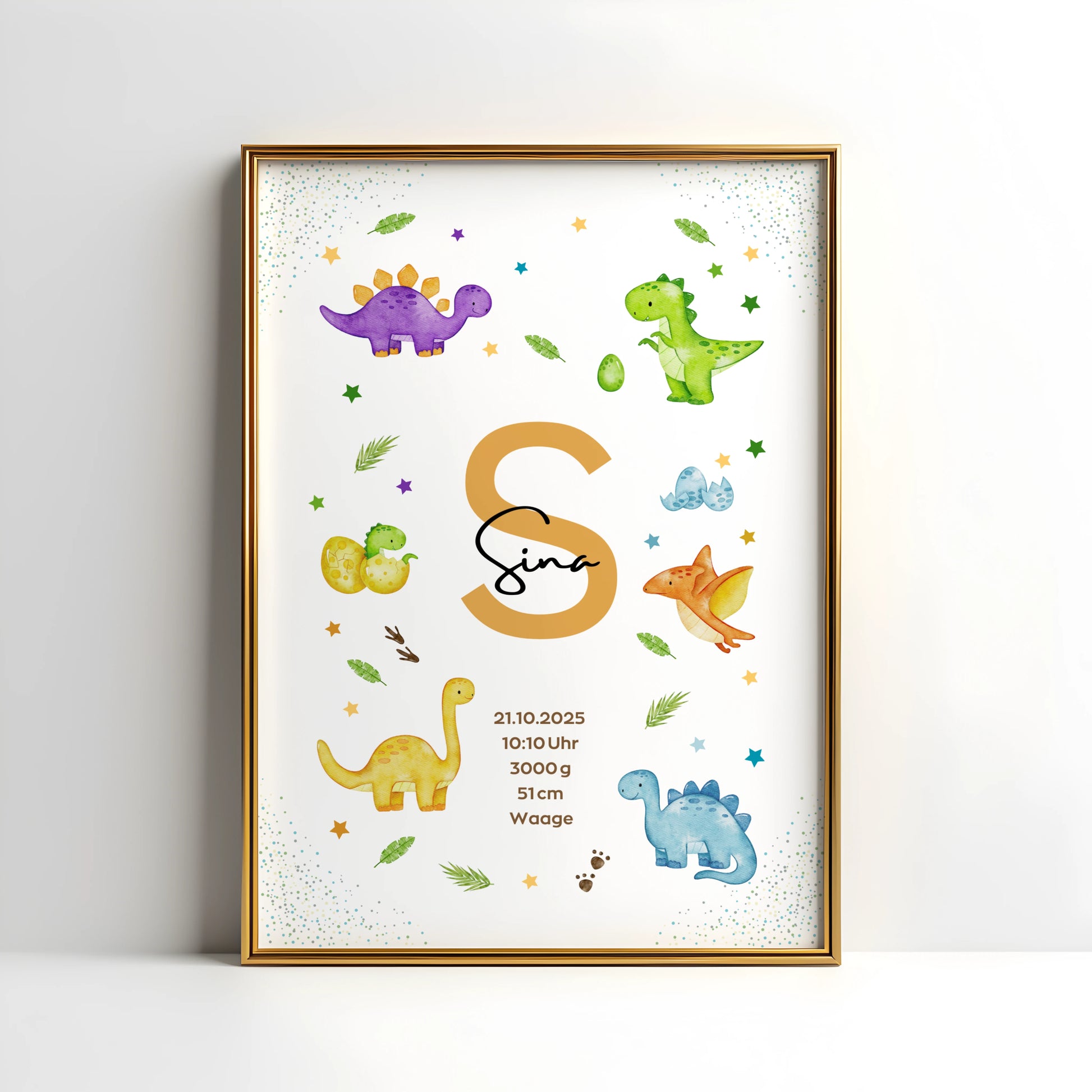 Personalisiertes Geburtsposter Dinosaurier – Baby Poster mit Namen & Initialie - Kibimemories