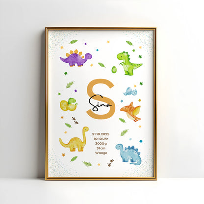 Personalisiertes Geburtsposter Dinosaurier – Baby Poster mit Namen & Initialie - Kibimemories
