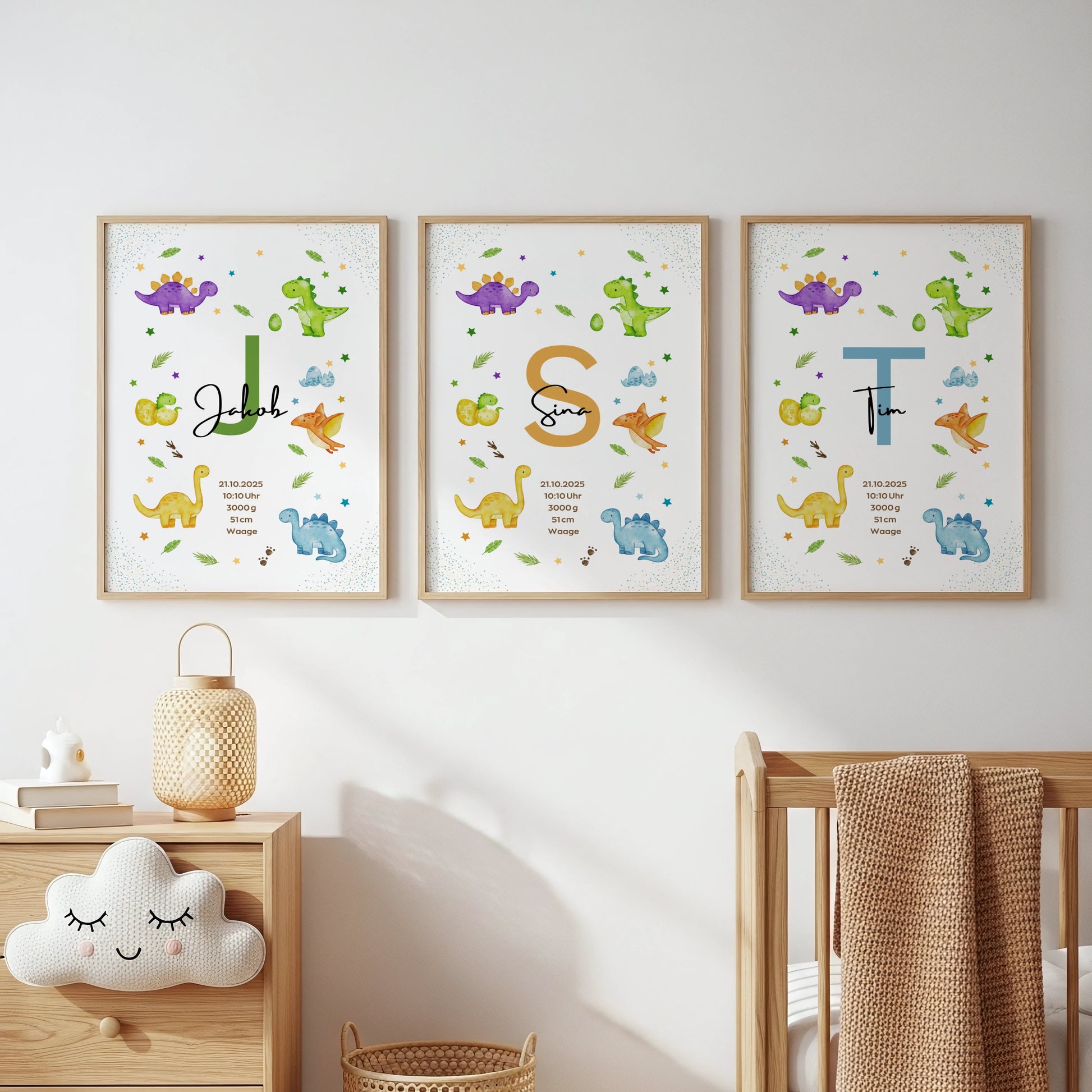 Personalisiertes Geburtsposter Dinosaurier – Baby Poster mit Namen & Initialie - Kibimemories