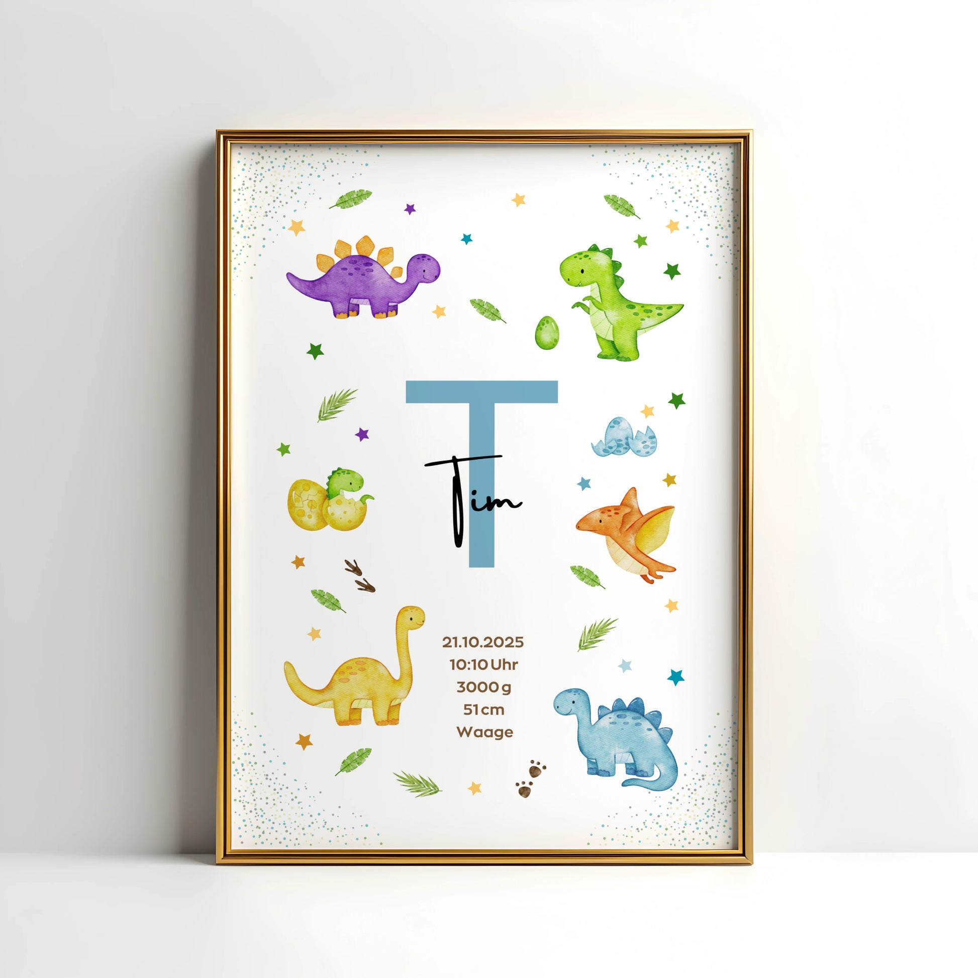 Personalisiertes Geburtsposter Dinosaurier – Baby Poster mit Namen & Initialie - Kibimemories