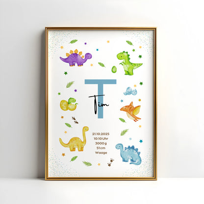 Personalisiertes Geburtsposter Dinosaurier – Baby Poster mit Namen & Initialie - Kibimemories