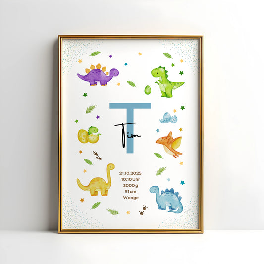 Personalisiertes Geburtsposter Dinosaurier – Baby Poster mit Namen & Initialie - Kibimemories