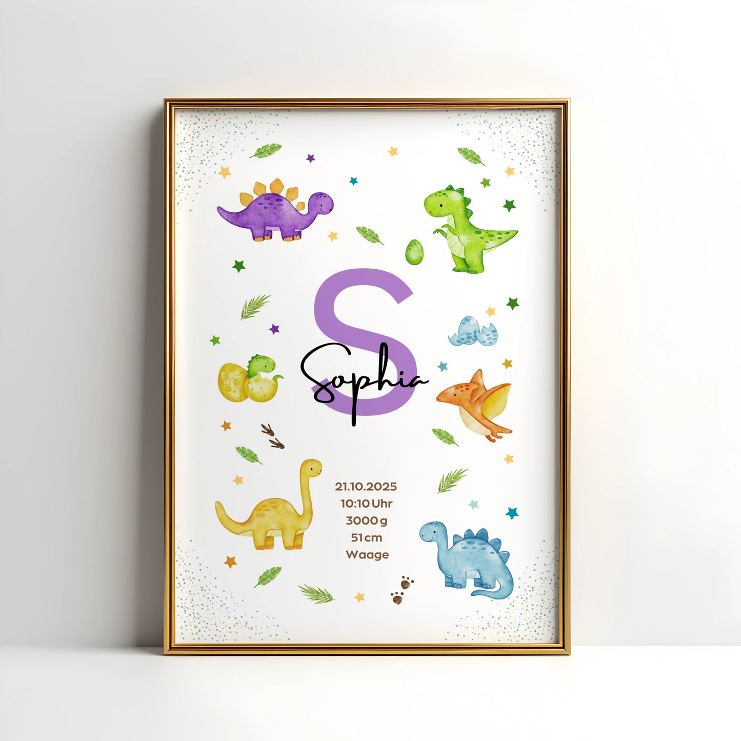 Personalisiertes Geburtsposter Dinosaurier – Baby Poster mit Namen & Initialie - Kibimemories