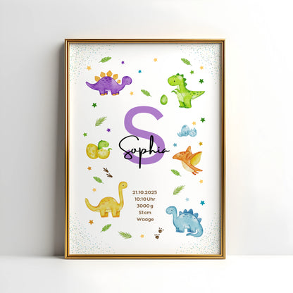 Personalisiertes Geburtsposter Dinosaurier – Baby Poster mit Namen & Initialie - Kibimemories