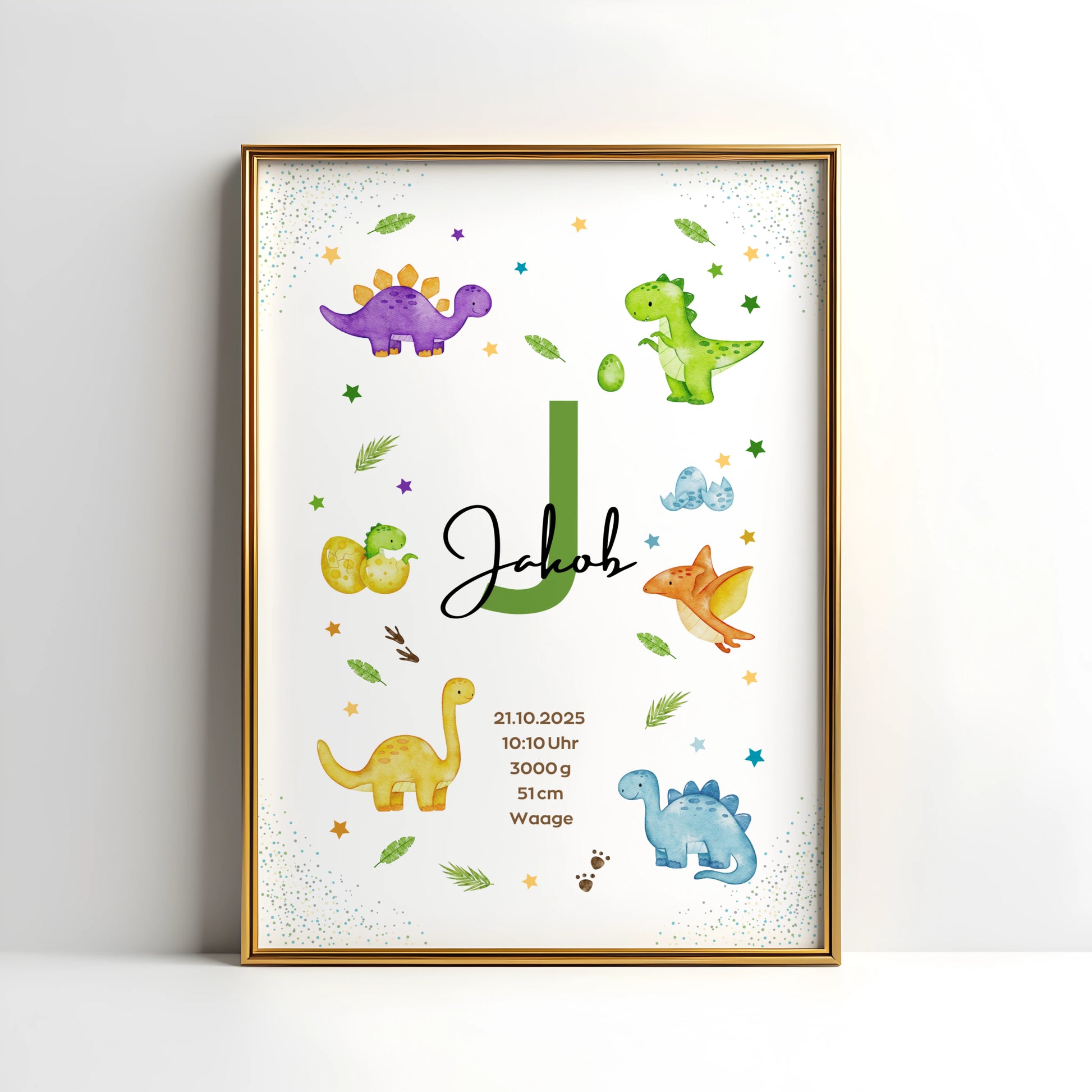 Personalisiertes Geburtsposter Dinosaurier – Baby Poster mit Namen & Initialie - Kibimemories