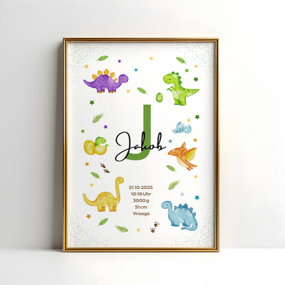 Personalisiertes Geburtsposter Dinosaurier – Baby Poster mit Namen & Initialie - Kibimemories