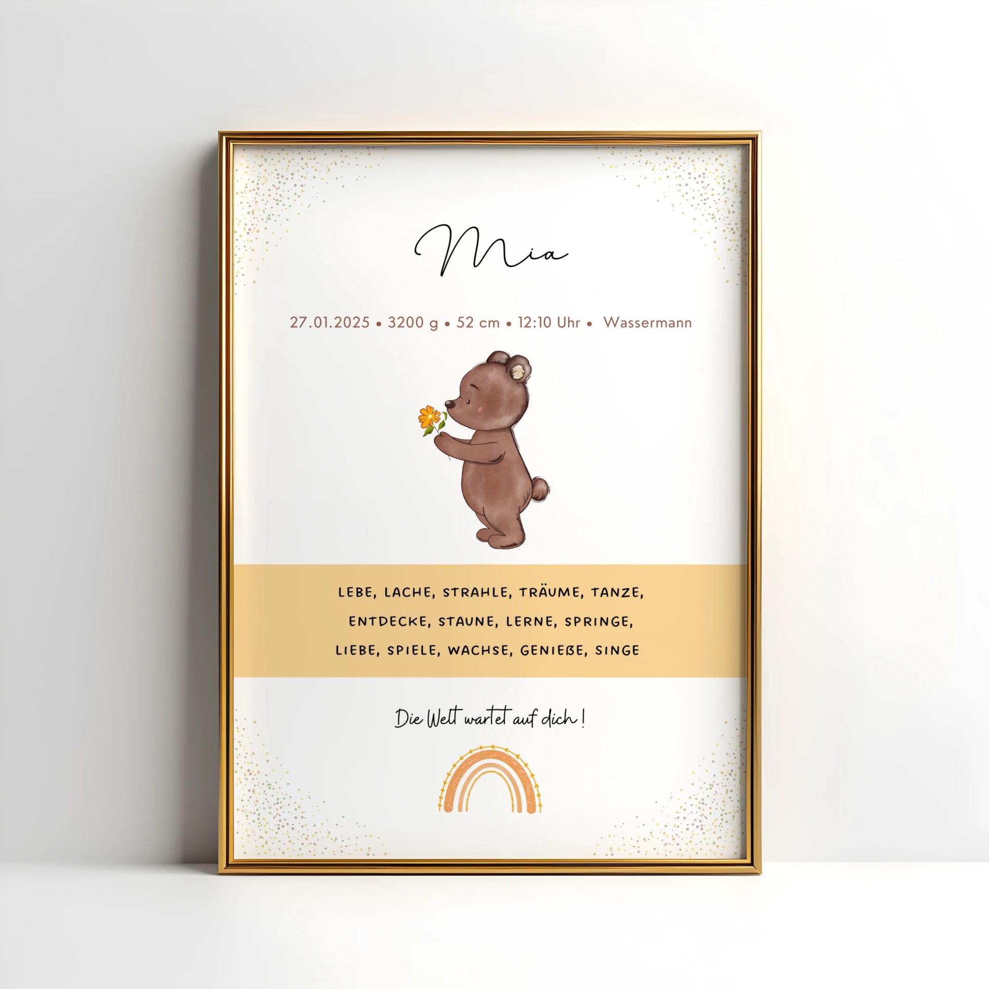 Personalisiertes Geburtsposter Mädchen mit Bär und Blume – Baby Poster mit Geburtsdaten, Sternzeichen, Gewicht, Größe und Uhrzeit. Niedliche Illustration mit Regenbogen, modernem Design und liebevollem Spruch – ideales Geschenk zur Geburt oder Taufe.