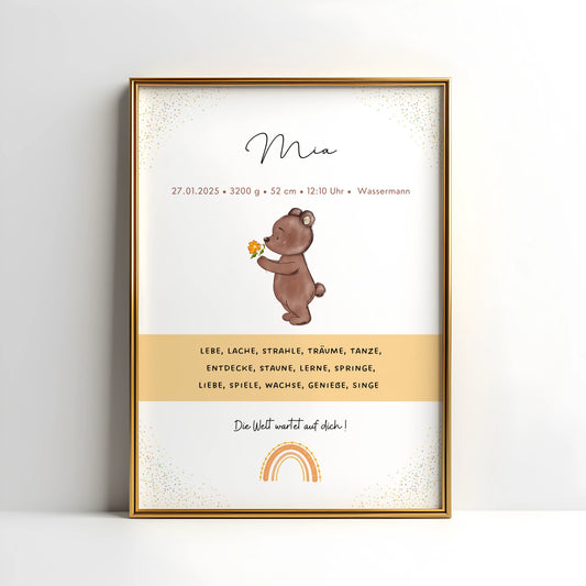 Personalisiertes Geburtsposter Mädchen mit Bär und Blume – Baby Poster mit Geburtsdaten, Sternzeichen, Gewicht, Größe und Uhrzeit. Niedliche Illustration mit Regenbogen, modernem Design und liebevollem Spruch – ideales Geschenk zur Geburt oder Taufe.
