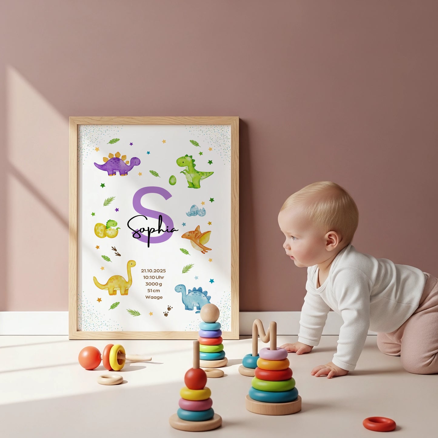 Personalisiertes Geburtsposter Dinosaurier – Baby Poster mit Namen & Initialie - Kibimemories