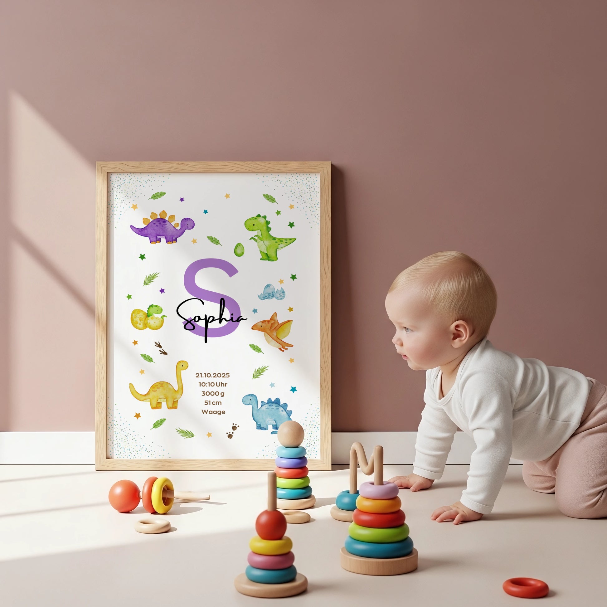 Personalisiertes Geburtsposter Dinosaurier – Baby Poster mit Namen & Initialie - Kibimemories