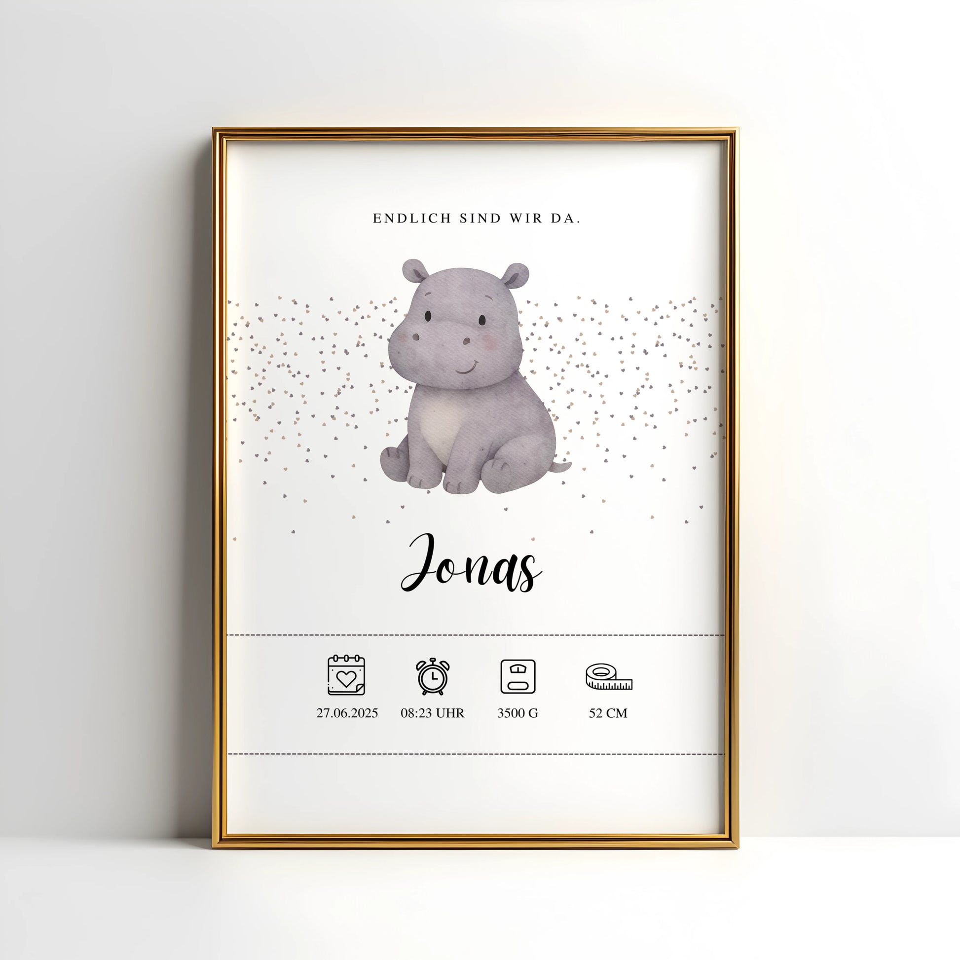 Personalisiertes Geburtsposter Zwillingsposter zur Geburt mit Nilpferd und individuellen Geburtsdaten als Set