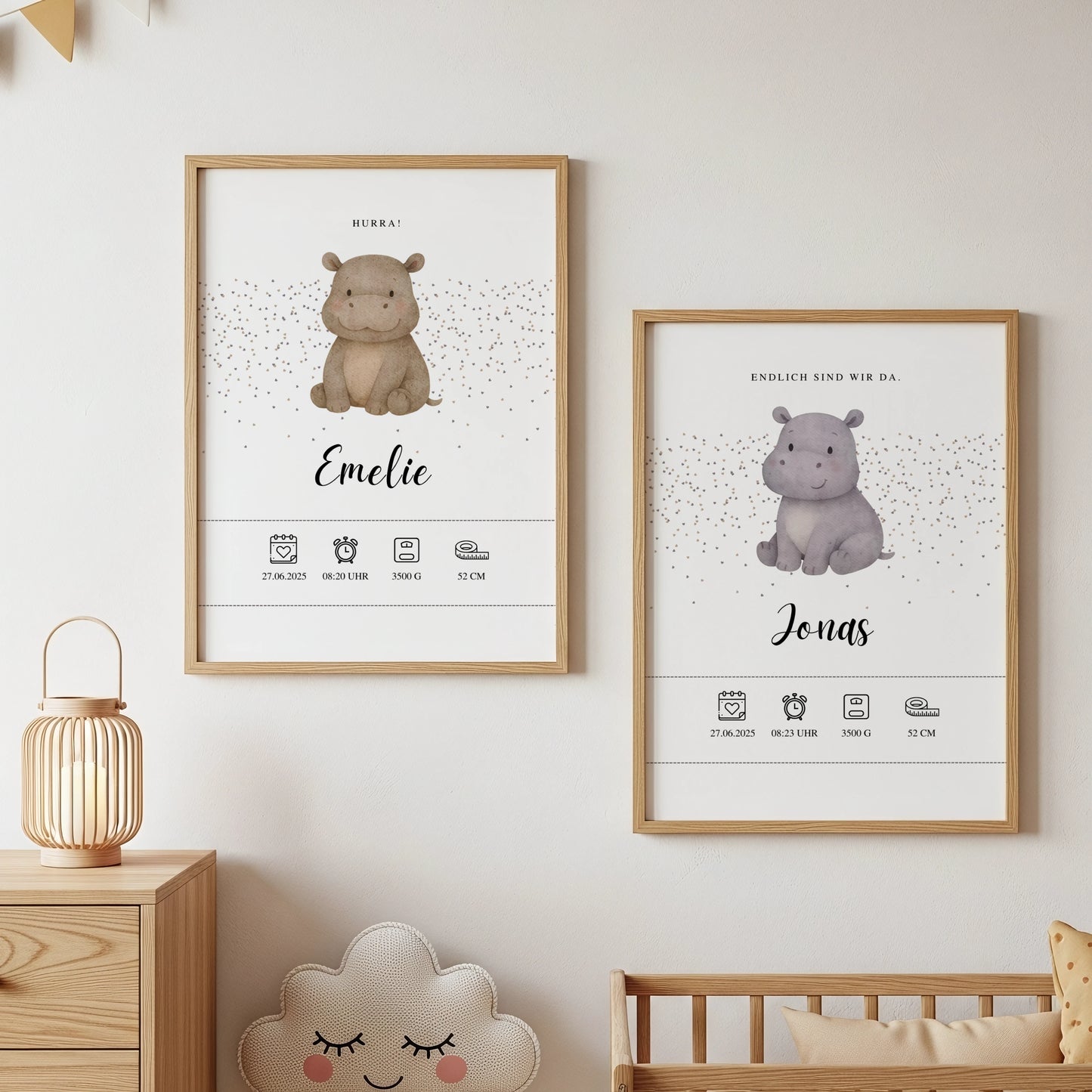 Personalisiertes Geburtsposter zur Geburt für Zwillinge mit Nilpferd Motiv von Kibimemories als 2er Set