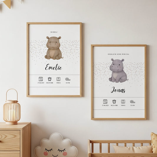Personalisiertes Geburtsposter zur Geburt für Zwillinge mit Nilpferd Motiv von Kibimemories als 2er Set