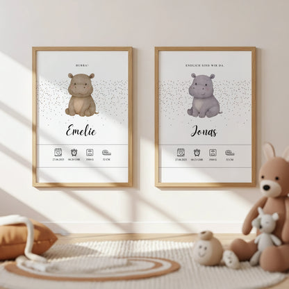 Personalisiertes Geburtsposter zur Geburt für Zwillinge mit Nilpferd Motiv von Kibimemories