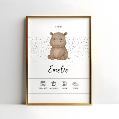 Liebevolles personalisiertes Geburtsposter für Zwillinge mit Tiermotiv Nilpferd für Jungen und Mädchen als Set