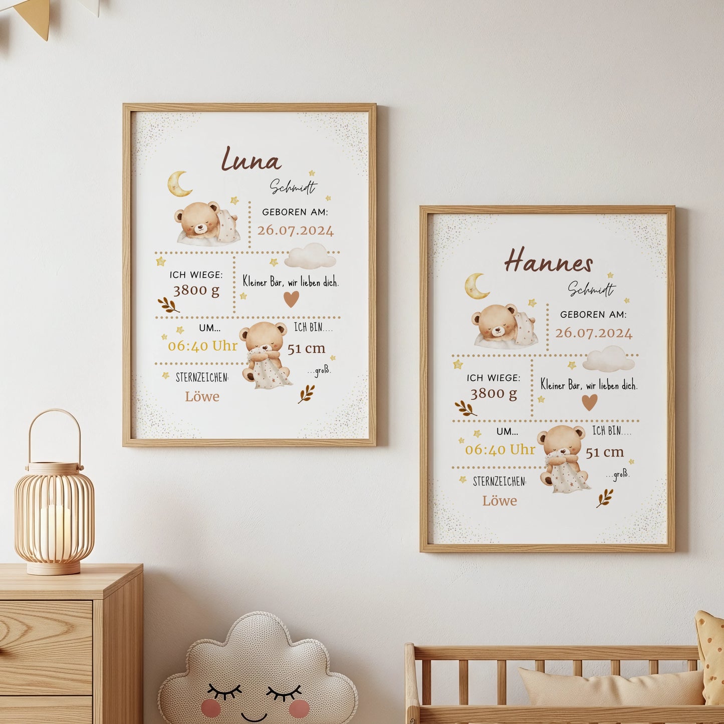 Personalisiertes Geburtsposter mit schlafendem Bären, Name und Geburtsdaten für das Babyzimmer