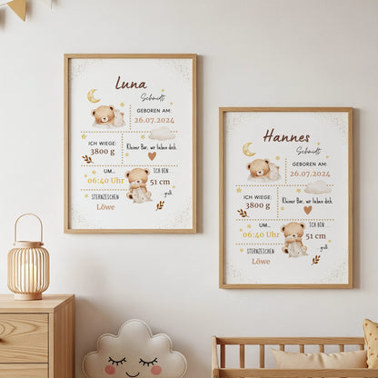 Personalisiertes Geburtsposter mit schlafendem Bären, Name und Geburtsdaten für das Babyzimmer